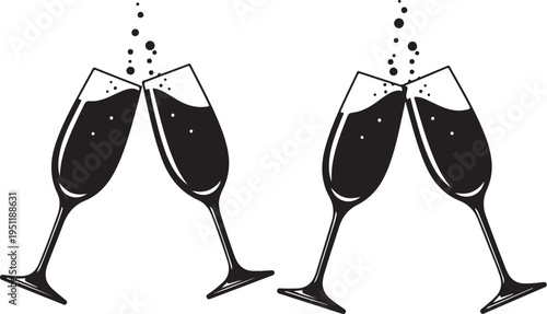 Black and White Illustration of Champagne Glasses Clinking Together