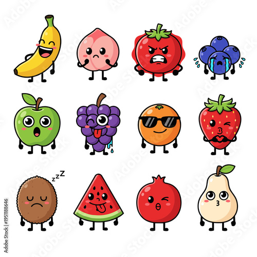Set of cute fruit characters with funny facial expressions and emotions including banana peach tomato berry apple grape orange and strawberry