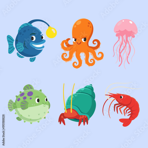 Colorful cartoon sea creatures collection including octopus, jellyfish, pufferfish, and shrimp in flat vector style for aquatic and marine life designs