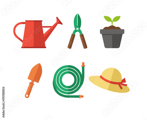 Gardening tools and equipment icons set including watering can, shears, potted plant, and garden hat for backyard landscaping and hobbyist concepts