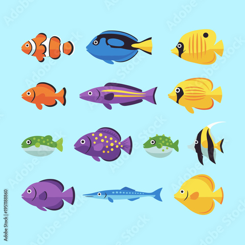 Tablou pe pânză Diverse collection of tropical reef fish illustrations in flat vector style incl