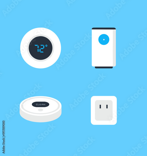Smart home technology devices set featuring digital thermostat air purifier robot vacuum and smart power plug in modern flat vector illustration