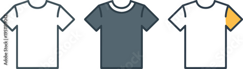 Minimalist T-Shirt Illustration Set Showing Line Art, Dark Gray, and White Shirts with Blue Outline and Yellow Accent