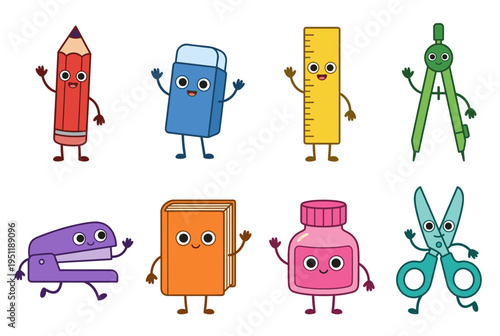 Cute back to school supplies characters set including pencil ruler eraser book and scissors, kawaii stationery mascot icons flat vector illustration
