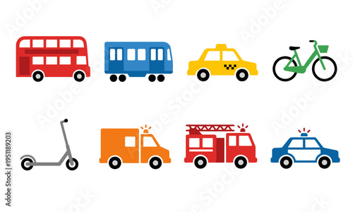 Flat vector transport icons set featuring public transit vehicles like bus train taxi and emergency services including ambulance fire truck police car