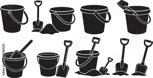 Black and white illustration of buckets and shovels tools