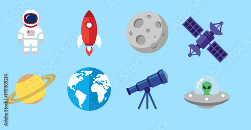 Flat vector space exploration icon set with astronaut rocket moon satellite planet telescope and alien spaceship for science and educational design