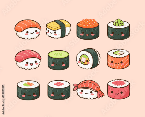 Kawaii sushi character set featuring various types of rolls nigiri and sashimi with cute smiling faces in flat vector 2D sticker illustration style