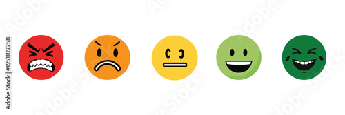 Emoji reaction feedback icon set. Happy sad angry neutral smiley faces customer satisfaction rating vector isolated on white background