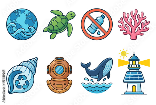 Environmental conservation and marine icons set featuring ocean protection recycling plastic free lifestyle and renewable energy symbols in flat vector style