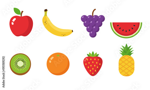 Fresh organic fruit collection with apple banana strawberry and pineapple icons in colorful flat vector design for healthy lifestyle and food marketing