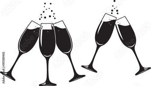 Black and white illustration of champagne glasses celebration toast