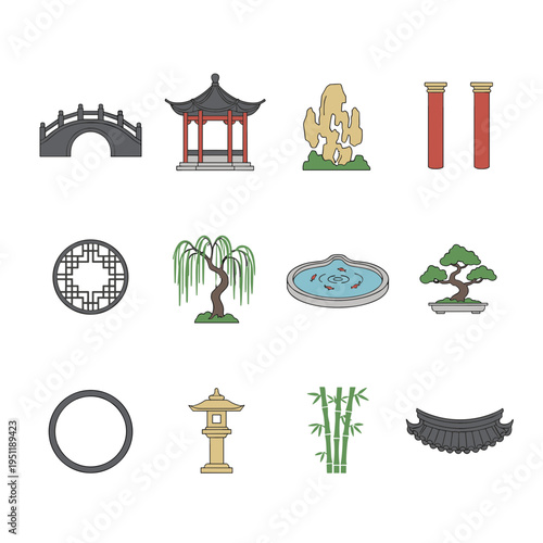 Traditional oriental garden elements set featuring chinese pavilion stone bridge bonsai tree bamboo willow lantern and moon gate for cultural landscape design