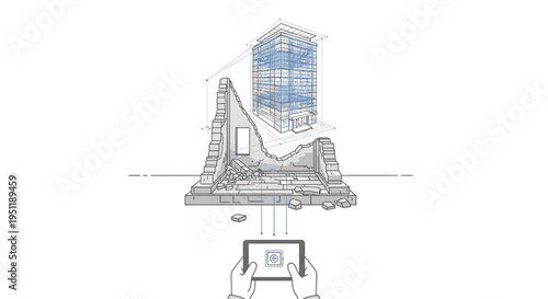 Digital reconstruction of ancient ruins using tablet scanning technology, illustrating architectural preservation and augmented reality concepts for heritage sites.