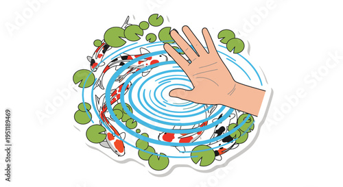 Illustration of a human hand gently touching the surface of a vibrant koi pond, creating ripples as colorful fish swim among green lily pads