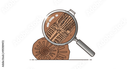 Detailed illustration of a magnifying glass examining ancient fossils, including an ammonite and a detailed prehistoric specimen, representing paleontology and scientific discovery.