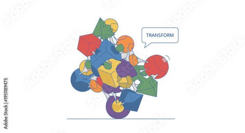 Abstract illustration of colorful interconnected 3D geometric shapes transforming, symbolizing change, evolution, and complex processes.