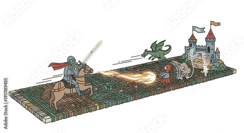 Dynamic fantasy illustration of a valiant knight on horseback fighting a fierce fire-breathing dragon near a majestic medieval castle.