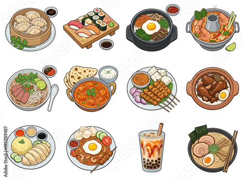 Set of popular asian food dishes including sushi dumplings bibimbap tom yum soup pho noodles chicken curry and satay for restaurant menu and food design
