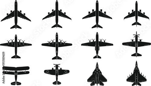 Black silhouette illustrations of twelve aircraft viewed from top‑down perspective, including commercial jets, military planes, and propeller aircraft, ideal for aviation or aerospace themes.
