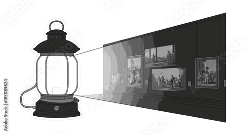 Lantern illuminating artwork on a dark wall, showcasing historical paintings and art exhibition concept