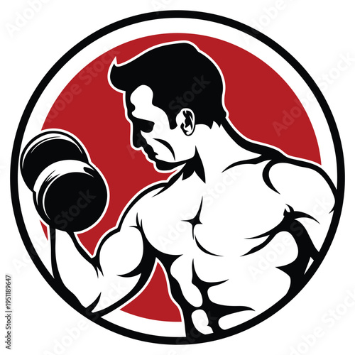 A stylized vector illustration of a muscular man training with a black dumbbell in a red circle