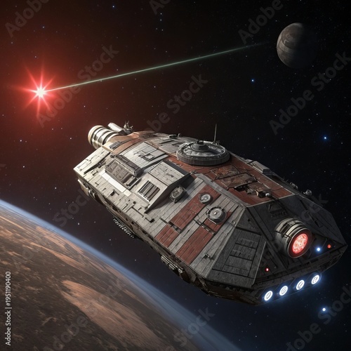 A rugged modular ship with patchwork armor plating and adaptive