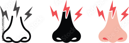 Minimalist Nose Pain Illustration Set Showing Line Art, Black, and Pink Nasal Icons with Lightning Bolt Symptoms Vector