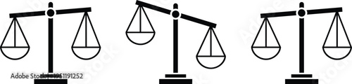 Set of three scales of justice icons showing balance and imbalance for law, legal system, court trials, and ethical measurement concepts.
