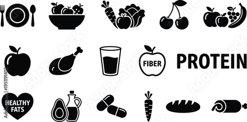 Healthy food nutrition icons, balanced diet symbols, fruits vegetables protein fiber fats, wellness illustration design, organic eating graphics, dietary concept art
