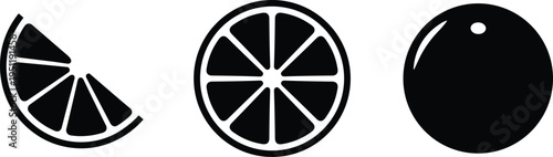 Citrus fruit icons, sliced wedge illustration, cross section design, whole fruit silhouette, healthy food graphics, nutrition art, organic produce concept