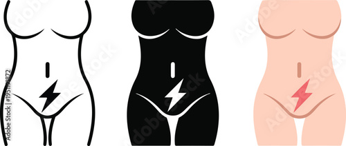 Minimalist Female Torso Illustration Set Showing Menstrual Pain Concept with Lightning Symbols in Line Art, Silhouette, and Skin Tone
