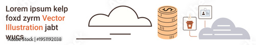 Cloud storage, data security, digital finance, online payment, cybersecurity, data access. Cloud icon with coins, lock and data . Cloud storage and data security