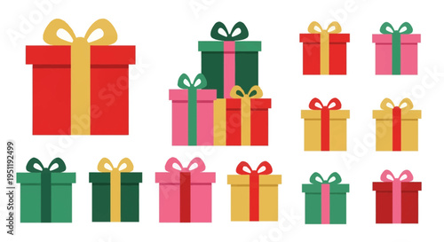 Collection of various colorful gift box icons in a flat mid-century modern clip art style featuring red, green, pink, and yellow wrapped presents with bows on a white background.