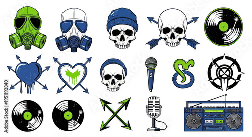 Urban Graffiti Art Elements: Skulls, Gas Masks, Records, Boombox, Microphone
