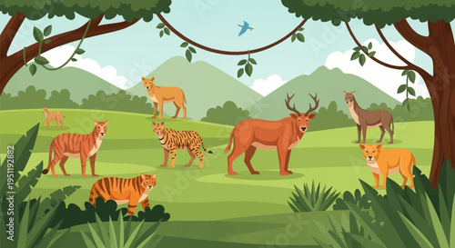 Cartoon jungle landscape illustration with tigers, deer, and lions on a green field, featuring distant mountains, tropical trees, hanging vines, and lush vegetation.