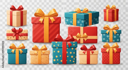 Collection of twelve 3D gift boxes with decorative satin ribbons and bows, featuring patterns like polka dots, stars, and diagonal stripes in red, teal, and cream, on transparent background.
