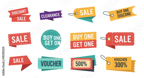Collection of colorful flat vector discount sale tags, clearance labels, buy one get one free badges, shopping vouchers, and promotional price stickers isolated on a white background.