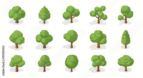Set of fifteen isometric green tree icons featuring various foliage shapes and trunk designs, isolated on white background with shadows for architectural and landscape map design.