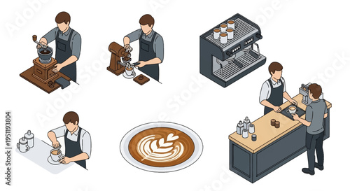Isometric vector illustration set of baristas in aprons preparing coffee, featuring manual bean grinding, espresso machine operation, latte art, and customer service at a cafe counter on white.
