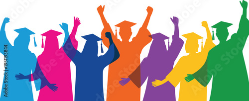 Happy graduates illustration: a colorful silhouette of graduates in academic caps celebrating together, representing graduation ceremony success and joyful university completion.