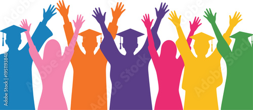 Happy graduates illustration, a colorful silhouette of graduates in academic caps celebrating together, representing graduation ceremony success and joyful university completion.