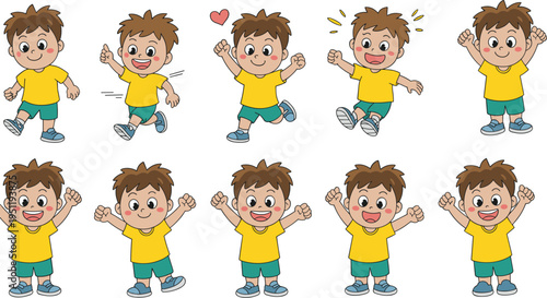 Cartoon boy character illustration set, playful kid vector design, cheerful posture art, animated child icon, emotion graphic, storytelling figure, fun pose