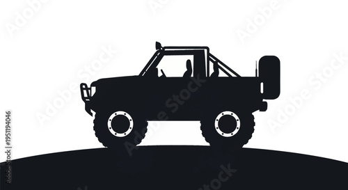 Black silhouette of a modified 4x4 off-road vehicle with large knobby tires, a roll cage, and front bull bar perched on a hill, isolated on a white background for adventure concepts.