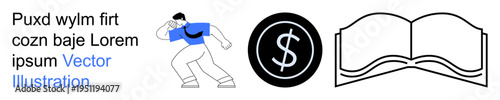 Financial planning, education, analysis, business strategies, self-improvement, finance. A figure searching, a dollar symbol and an open book icon. Financial planning and education concept