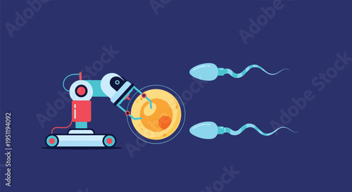 Futuristic robotic arm performing artificial insemination by injecting sperm into egg cell for medical research and fertility.