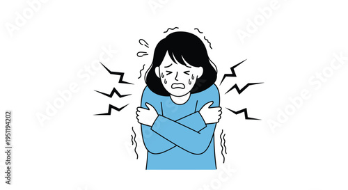 Sick woman shivering and feeling very cold while hugging herself with lightning bolt symbols representing chills and fever symptoms.