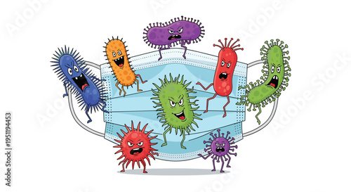 Group of colorful and angry germ characters crawling over a blue surgical face mask to represent viral infection and safety protection.