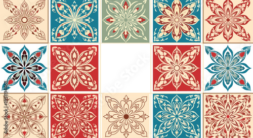 Decorative tile pattern featuring intricate floral and symmetrical designs in shades of red, blue, and cream colors arranged in a grid.