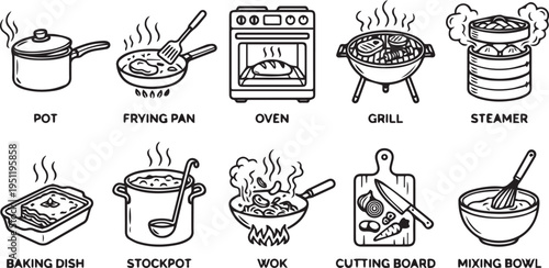 A black and white illustration of various kitchen utensils and appliances including a pot frying pan oven grill steamer baking dish stockpot wok cutting board and mixing bowl.